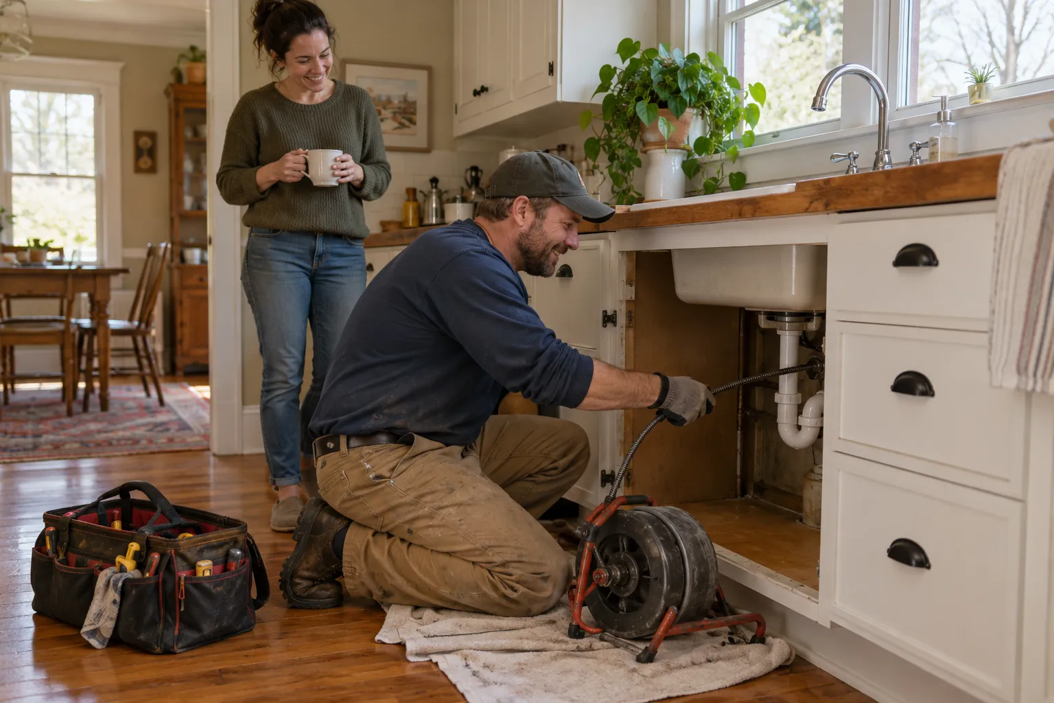 A friendly local plumber kneeling beside a kitchen sink in a Freeburg home, clearing a slow drain while a homeowner looks on