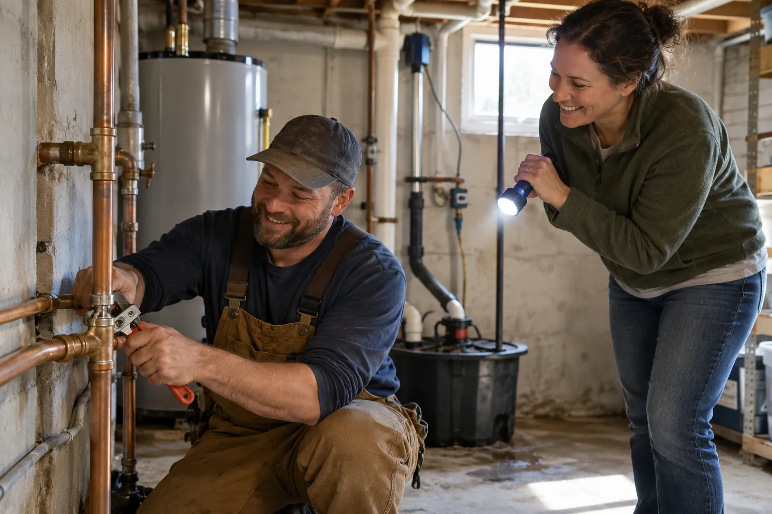 A friendly local plumber checking a pipe under a basement ceiling with a homeowner nearby in Freeburg