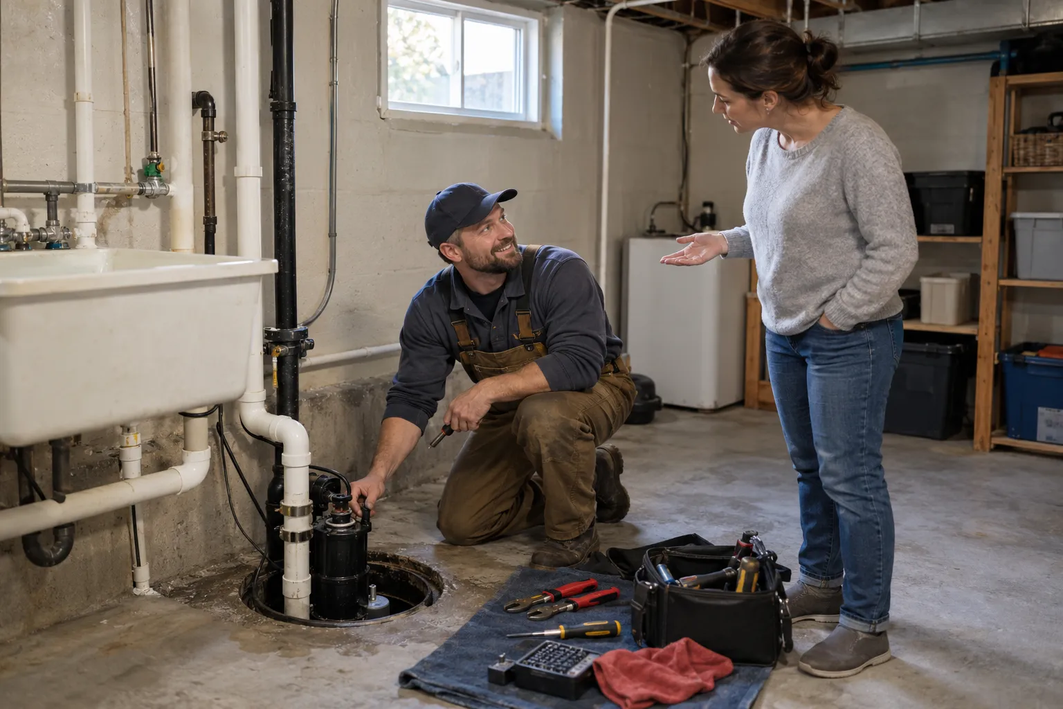 A friendly local plumber helping a homeowner in a Freeburg basement